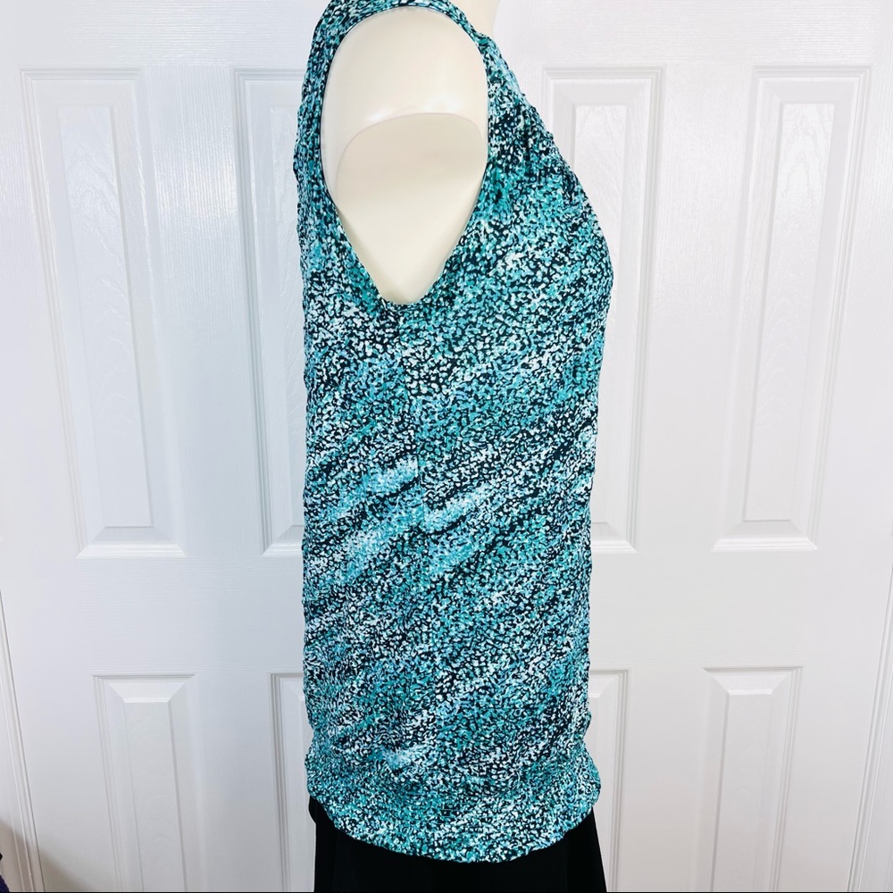DAISY FUENTES top keyhole front blouse sleeveless blue green speckled top M - Picture 2 of 9